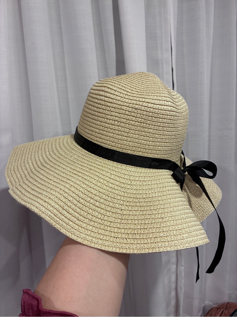 Straw Sun Hat with Black Ribbon Accent
